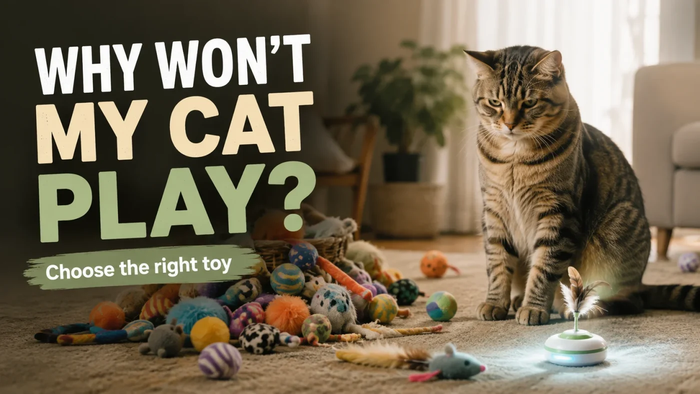 Bored indoor cat ignoring a pile of toys while choosing an interactive cat toy