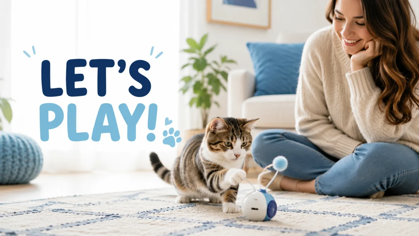 Indoor cat playing with an interactive cat toy