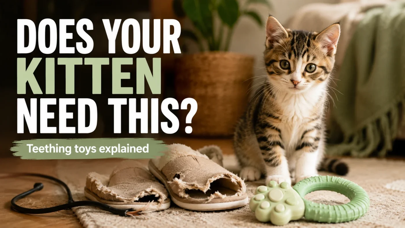Kitten beside household objects and a safe cat teething toy