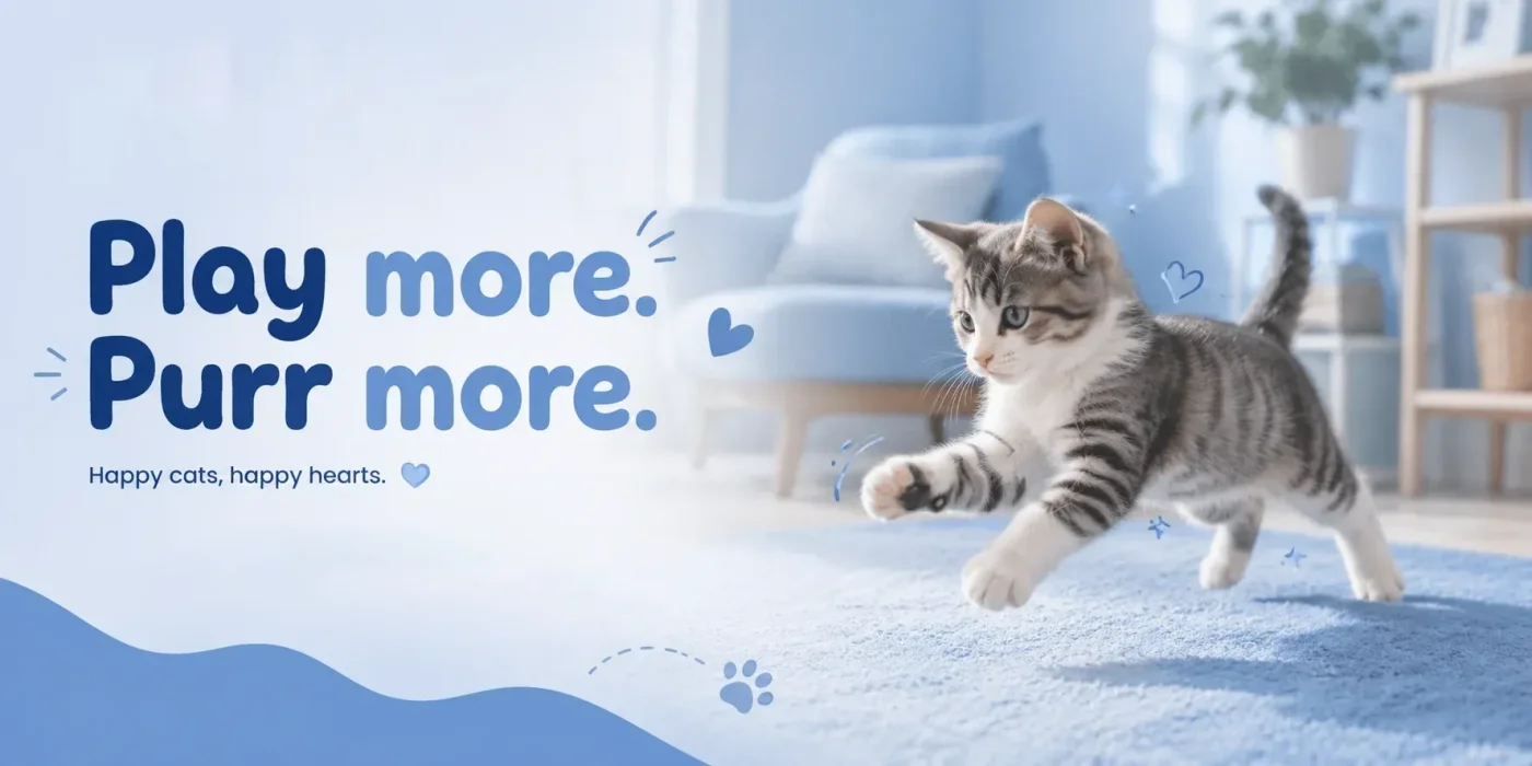 KutePawza cat toys and pet essentials banner featuring a playful kitten at home, cute cat products for happy cats, safe and pet-friendly cat toys, and cat essentials for cat parents -