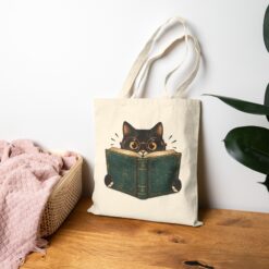 Vintage Curious Cat Reading a Giant Open Book Tote Bag Natural