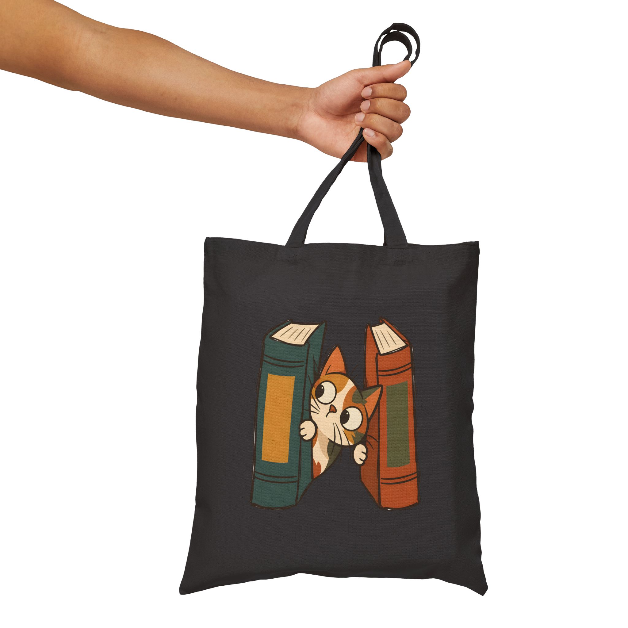 Cute Scribble Cat Peeking Through Books Tote Bag