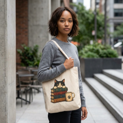Retro Curious Cat Book Lover Tote Bag