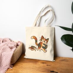 Funny Scribble Cat Carrying a Book Tote Bage