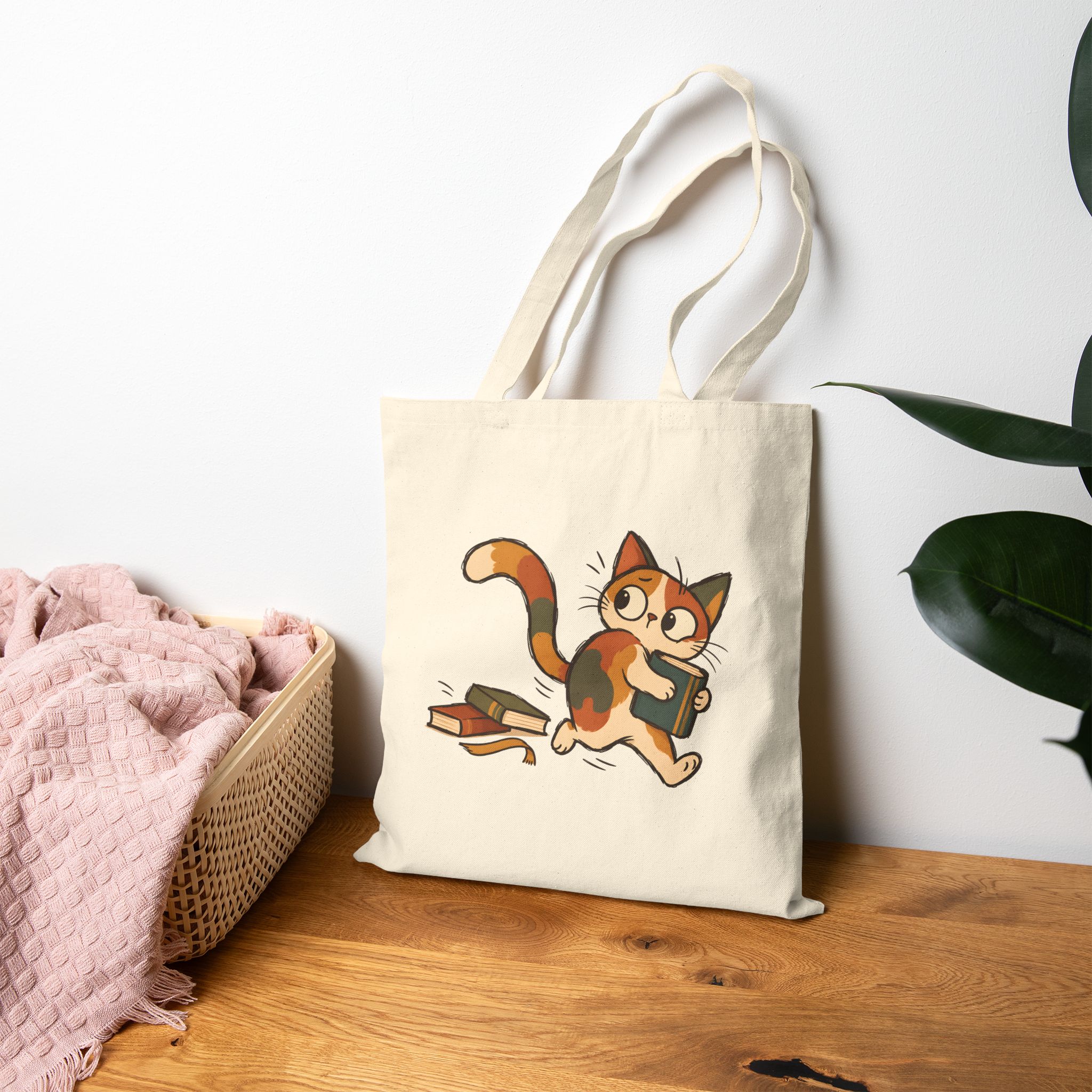 Funny Scribble Cat Carrying a Book Tote Bage