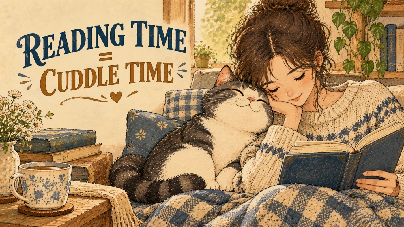 Vintage illustration of cats interrupting reading while cuddling beside someone