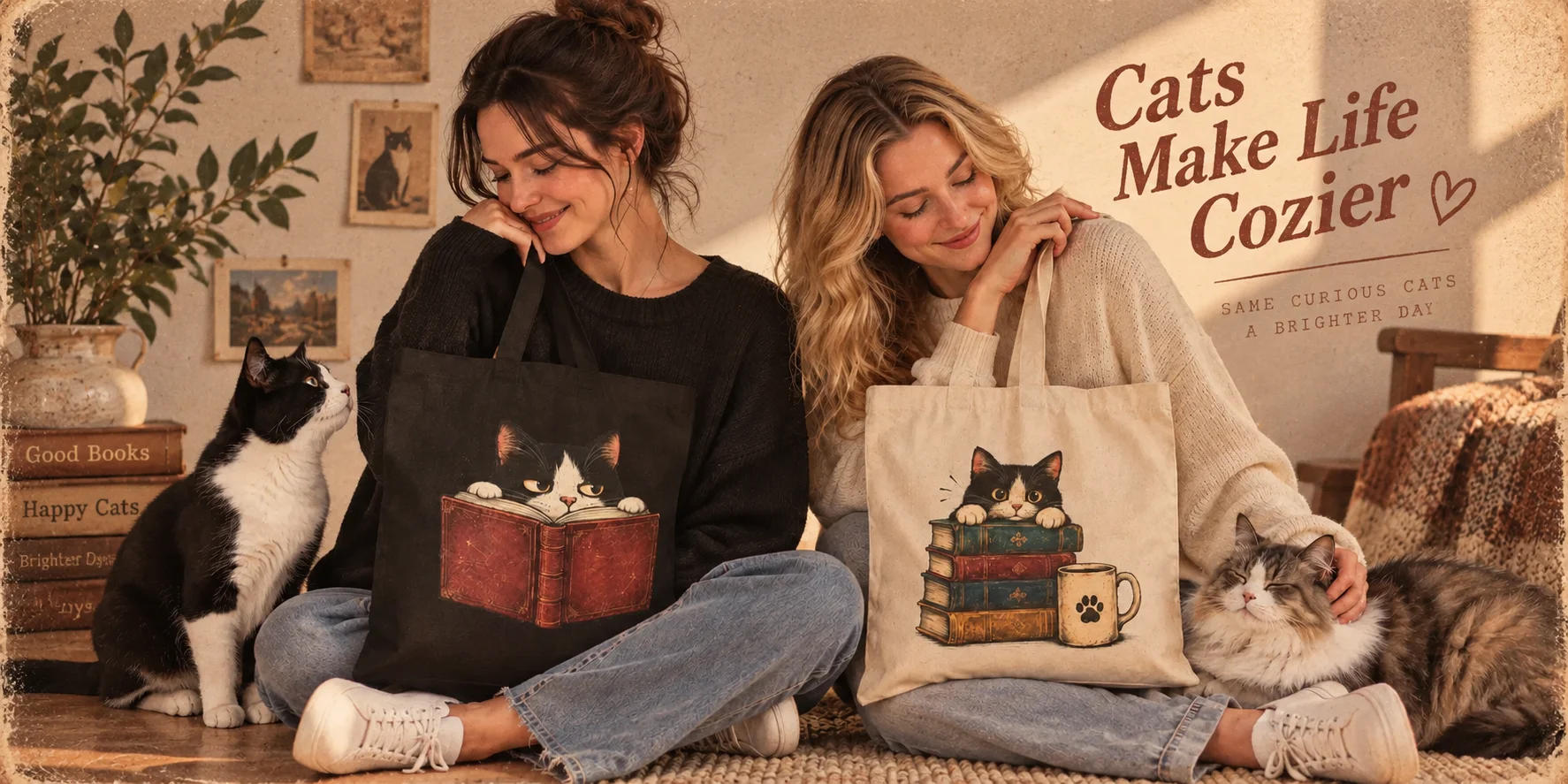 Two women holding cat and book themed tote bags with cats beside them in a cozy minimalist home setting