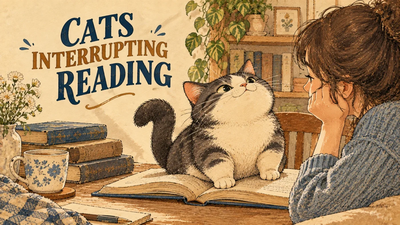 Vintage illustration of a cat interrupting a person reading